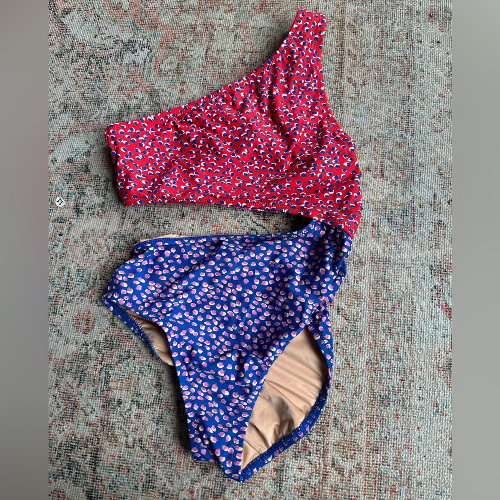 J crew Red and Blue One-Shoulder Swimsuit